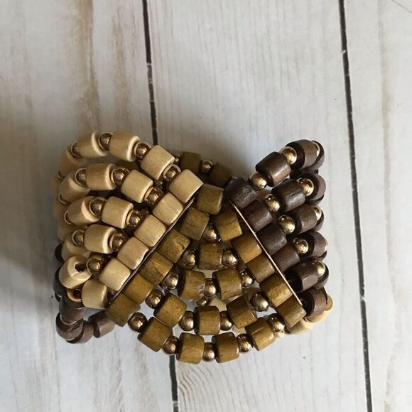 Neutral stretch Unbranded bracelet gold color beads brown tan - Picture 2 of 7